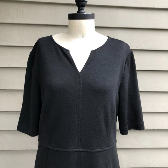 ST. JOHN Caviar Milano Knit Front Slit Split Neck Midi Length Black Sheath Dress - Picture 5 of 16